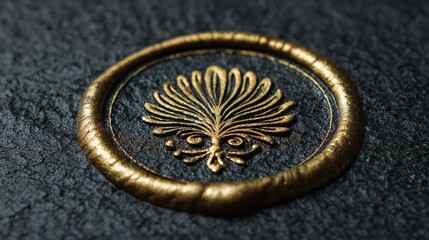 heraldry. A prestigious gold seal stands out against a dark textured backdrop, radiating ceremonial elegance. event programs.
