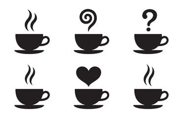 Obraz premium Solid black coffee cup silhouettes featuring heart steam and question mark icons for cafe identity
