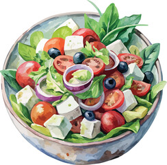 Greek Salad Big Bowl Watercolor Illustration &ndash; Mediterranean Fresh Food