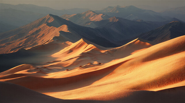 An awe-inspiring view of rolling sand dunes and mountains under a warm sunlight, creating a dramatic atmosphere