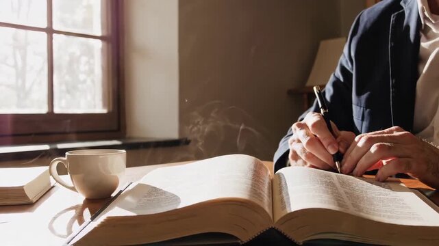 A pastor quietly prepares a sermon with Bible and notes in soft morning light, expressing focus and dedication.