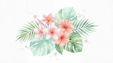 Serene watercolor tropical floral bouquet illustration with hibiscus and palm leaves, perfect for elegant summer designs and invitations