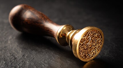 heraldry. A prestigious gold seal stands out against a dark textured backdrop, radiating ceremonial elegance. event programs.