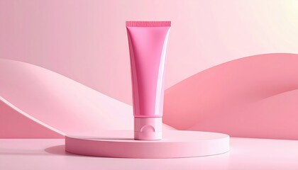 Pink Cosmetic Cream Tube Centered On A Pink Pedestal With Soft Pink Waves In Background