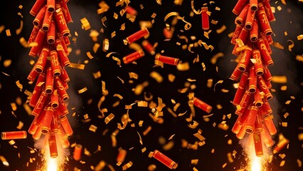 A dynamic horizontal background showing long strings of red firecrackers exploding with golden sparks and confetti on a dark red backdrop.