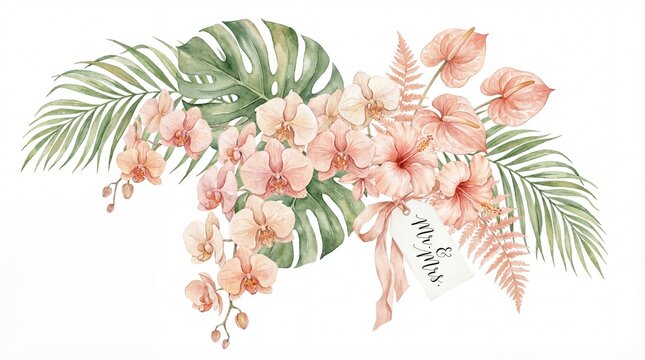 Romantic watercolor tropical floral arrangement with soft pink orchids, exotic blooms, and lush green leaves, ideal for elegant wedding invitations and events - Powered by Adobe