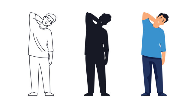 Set of three illustrations showing a man performing a neck stretch exercise line art, silhouette, and full color version