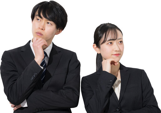 背景透明の若いビジネスマンの大学生のような男女　新卒採用や就職などどうしようか考えるポーズ