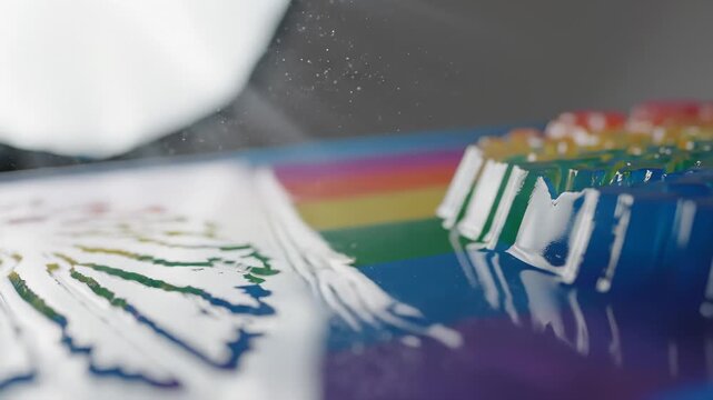 Close Up of Rainbow Layered Jello Dessert Being Sprayed With Dusting Powder