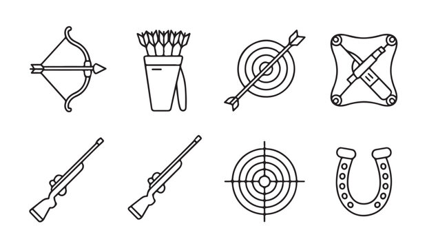 Set of line icons representing archery and shooting sports equipment and symbols for design