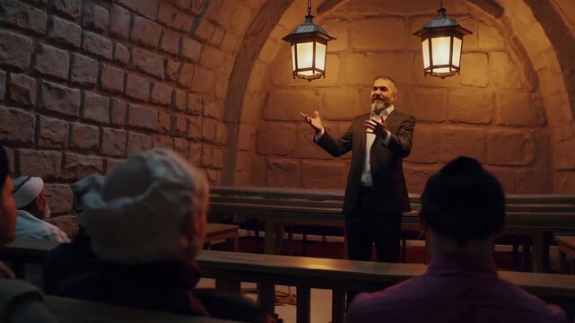 A sermon delivered in a synagogue with attentive listeners, lantern light, and reverent atmosphere.