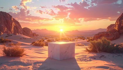 Pixelated Desert Landscape at Sunset With Abstract Cube Structure
