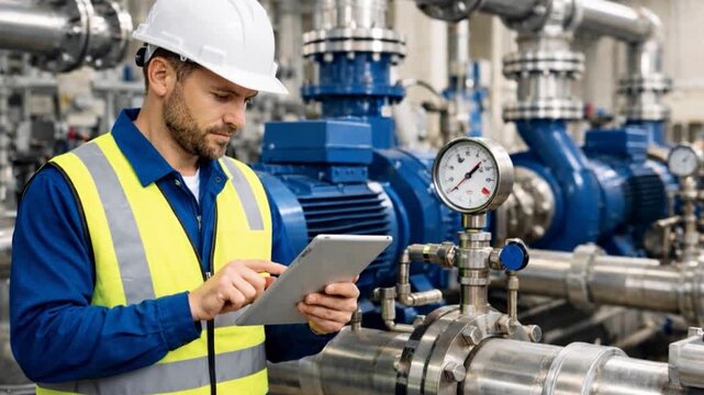 Worker at water supply stations using tablet inspect and maintain condenser equipment. 
