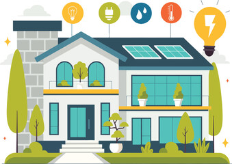 Obraz premium Energy Efficiency at Home Concept Illustration with Solar Panels and Eco-Friendly Technology Icons