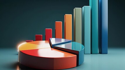 Colorful 3d pie chart and bar graph representing data analysis and business growth on a dark background - Powered by Adobe