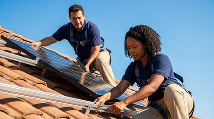 Diverse team of professional installers fitting solar panels on a residential terracotta rooftop under a clear blue sunny sky.