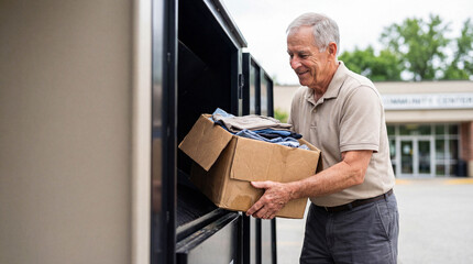 Happy senior man with grey hair smiles while donating a box of clothes to a charity collection bin at a community center.