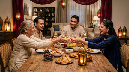 A smiling South Asian family with three generations gathers at a dining table for a festive Iftar dinner celebration during Ramadan.
