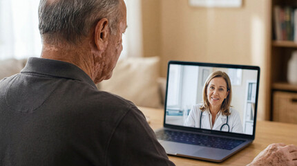 Elderly man with vitiligo skin condition has a virtual medical consultation with a female doctor via video call on a laptop at home.