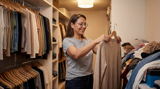 Happy mature woman organizing her messy walk-in closet, hanging a sweater on a hanger to declutter the messy wardrobe at home.