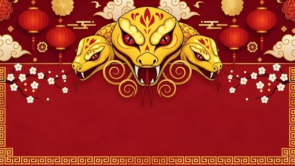 Three golden dragon heads positioned at the top over a vibrant red textured background with lanterns and white floral accents.
