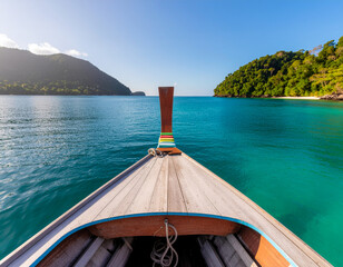 View from a traditional longtail boat navigating pristine turquoise waters towards lush tropical islands under a clear blue sky, evoking a perfect getaway.