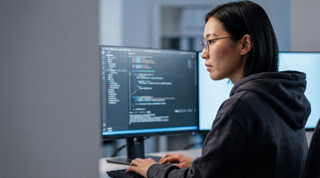 Focused Asian female software developer in glasses coding on a computer, typing on keyboard with dual monitors in a modern office. - Powered by Adobe