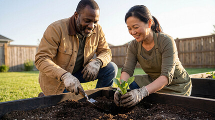 Happy diverse couple gardening together, planting a small vegetable seedling in a raised garden bed in their sunny backyard.