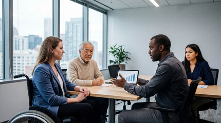 Diverse business team in an accessible office meeting, with a man presenting a chart on a tablet to colleagues including a woman in a wheelchair.
