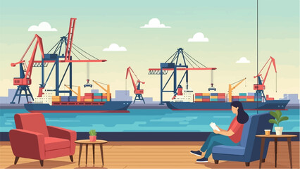 A person reads in a comfy chair overlooking a busy cargo port with container ships and cranes