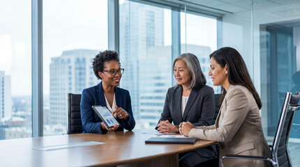 Three diverse female executives in a collaborative business meeting, analyzing charts on a tablet in a modern high-rise boardroom.