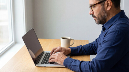 Focused middle-aged man with glasses and beard working from home, typing on a laptop computer at his wooden desk by a window.