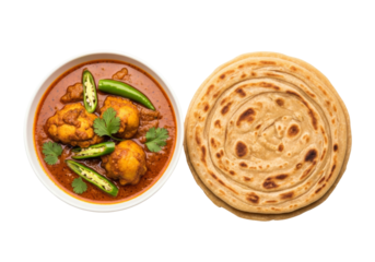 spicy indian curry with naan and cilantro on white plate