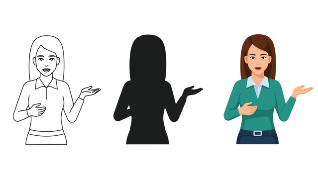 Set of three female presenter icons outline drawing, black silhouette, and full color illustration, showing gesture of presenting or explaining something