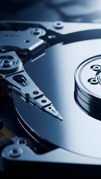 Close up of a hard disk drive's internal components and metallic surface