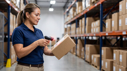 Hispanic female logistics worker scanning a barcode on a cardboard box with a handheld scanner in a large warehouse aisle.