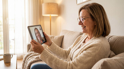 Happy senior woman with glasses sitting on a sofa at home making a video call with family on a digital tablet.