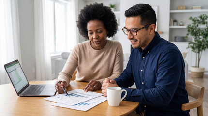 Diverse couple planning finances at home. Black woman and Hispanic man reviewing documents with charts and laptop for budget.