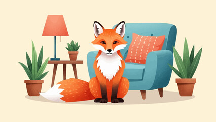 An adorable orange fox sits in a cozy room with a blue armchair, a lamp, and potted plants