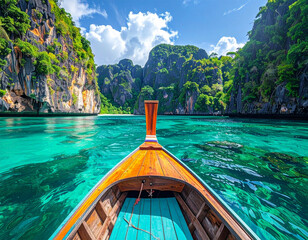 a traditional longtail boat on shimmering turquoise waters, heading towards a pristine white sand beach surrounded by lush limestone karsts under a blue sky.