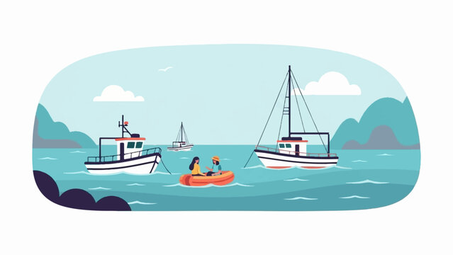 Animated scene with people in a raft amidst various boats on the water, with hills and clouds