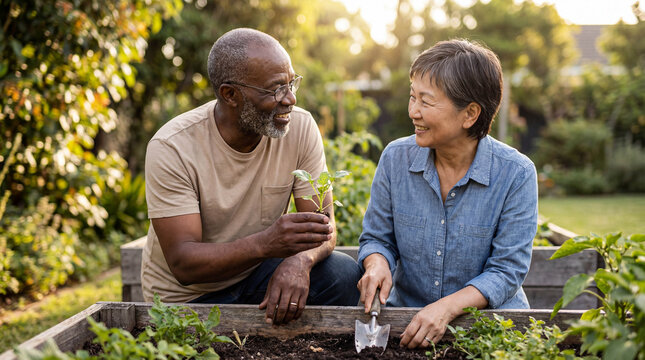 Happy diverse senior couple gardening together in a lush backyard, the man showing the woman a new plant seedling at sunset.