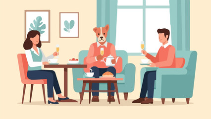 Cartoon characters, including a person with a dog head, enjoying drinks and snacks in a cozy room