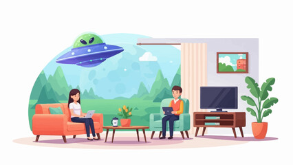 Naklejka premium Cartoon couple working indoors on laptops, unaware of alien in UFO flying outside window