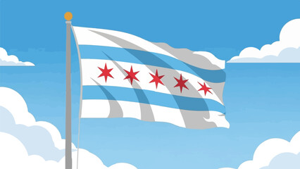 An illustrated flag with light blue stripes and red stars waves against a clear blue sky with white clouds