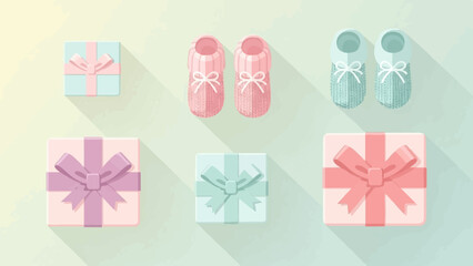 Obraz premium Flat lay of pastel baby gifts pink and blue knitted booties, and square gift boxes with bows