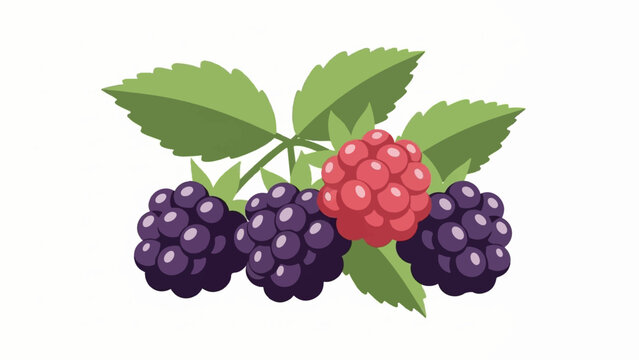 Cartoon illustration of purple blackberries and one red raspberry with green leaves on a white background