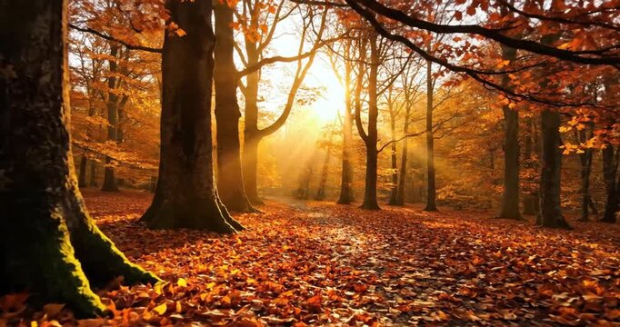 Autumn forest with sunlight filtering.