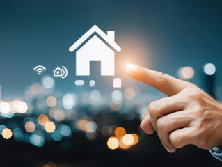 Finger points at glowing smart home icon over city bokeh lights.