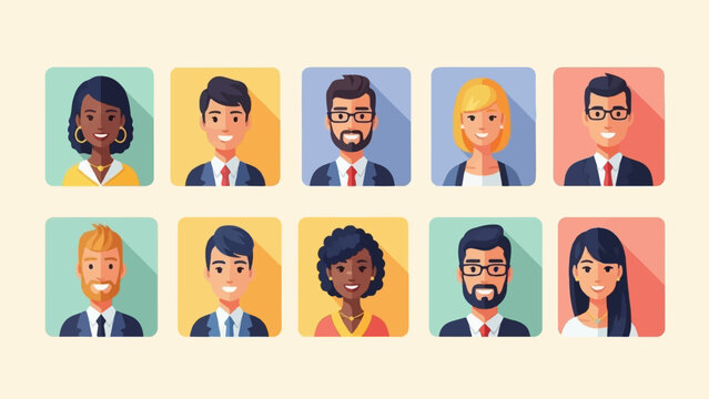 Grid of ten diverse business people avatars, flat design with long shadows, minimal style